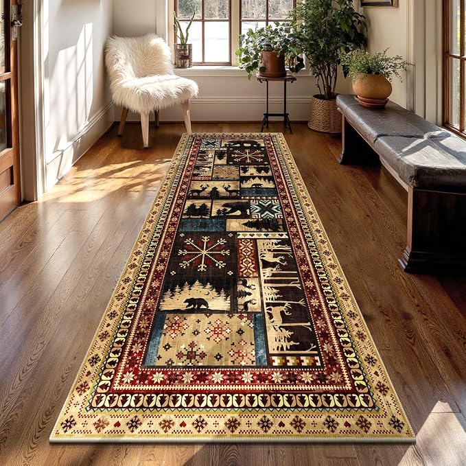 LOKHOM 3x8 Hallway Runner Rug, Non Slip Washable Western Cabin Bear Rugs | Bear Pattern, Low Pile Soft Kitchen Rug, Vintage Wildlife Accent Carpet Runner, For Laundry Bedroom Entryway Nursery