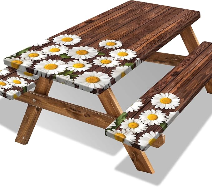 Picnic Table Cover with Bench Covers 6FT Chamomile Daisy Flowers Waterproof Fitted Picnic Table Cloths Wood Texture Outdoor Elastic Picnic Tablecloth Outdoor Camping Essentials(3pcs-72)