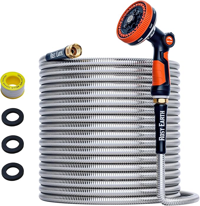 Rosy Earth 100ft Stainless Steel Garden Hose, Heavy Duty Metal Water Hose with 8 Functional Ultra-Wide Nozzle, No-Kink Outdoor Hoses Flexible Tough Water Hose Sprayer for Yard, RV