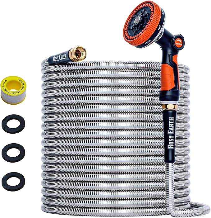 Rosy Earth 200ft Stainless Steel Garden Hose, Heavy Duty Metal Water Hose with 12 Functional Ultra-Wide Nozzle, No-Kink Outdoor Hoses Flexible Tough Water Hose Sprayer for Yard, RV
