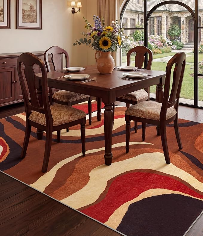 Burnt Orange Rug 4x6 Washable,Farmhouse Brown Retro Carpets,Geometric Abstract Wavy Rug for Bedroom,Unique Colorful Rugs for Living Room,Dining Room,Bedside Rugs