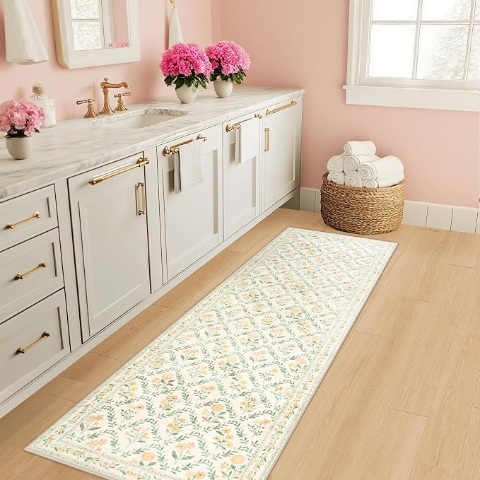 PLHXFR 2.6x8 Washable Runner Rug：Floral Indoor Kitchen Carpet Beige Multi | For Hallway Bedroom Kitchen Laundry Bathroom Dorm,Vintage Floral,Machine washable,Non Slip,Stain Resistant,Indoor Floor