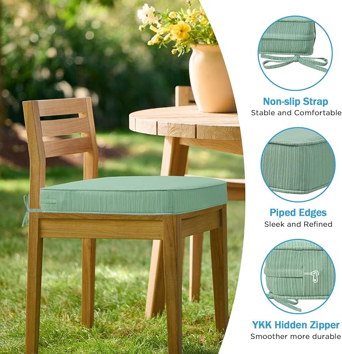 19 x 19 Inch Outdoor Chair Cushions with Tie Straps, Set of 4 Thick Water Repellent Square Patio Chair Pads for Garden Lawn Patio Furniture, Ash Pinstripe Weave