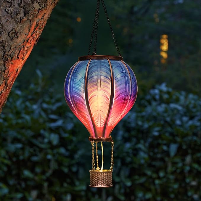 TERESA'S COLLECTIONS Hot Air Balloon Solar Lantern for Garden Decor, Flickering Flame Hanging Solar Light for Outdoor Decorations, Blue & Purple Plastic Lamp for Yard Tree Porch Party, Gift for Mom