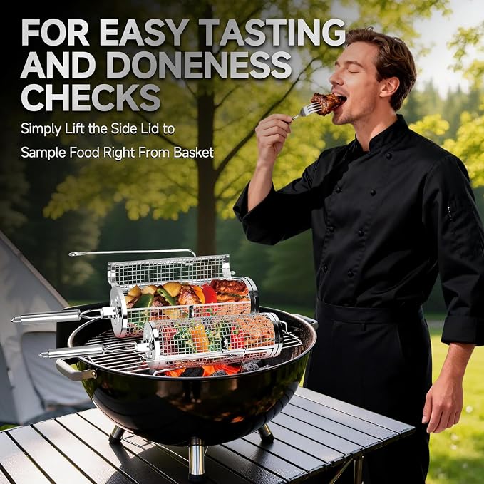 Chenovate® Heavy Duty Rolling Grill Baskets with Side-opening and Removable Handle,Grill Accessories for Veggies Shrimp Meat,Food-grade Stainless Steel,Kitchen Gadgets Fits Outdoor Cooking & Picnics,Camping Essentials,Ideal Gifts for Father's Day,Festi...