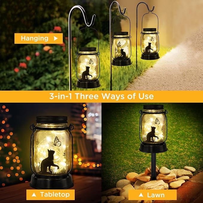 kyoryuger Cat Gifts Cat Lover Gifts for Women/Mom/Grandma/Sister, Birthday Gift, Cats Butterfly Solar Lights Outdoor Hanging Cat Solar Lanterns Outdoor Torche Lights, Decor for Yard Lawn Garden Patio