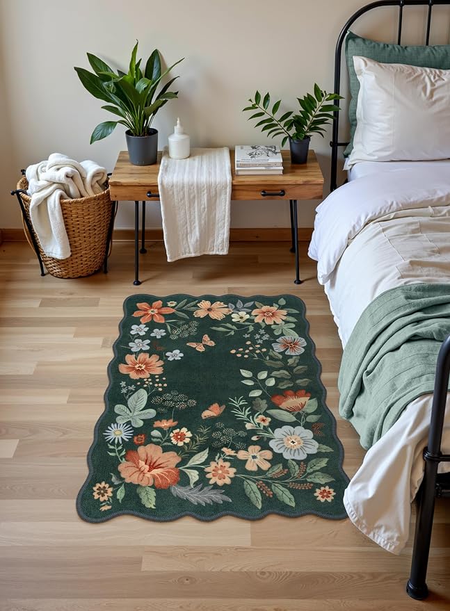 Lahome Floral Green Rugs for Entryway, 2X3 Washable Kitchen Rugs Non Slip | Soft Rug Ultra-Thin Indoor Door Mat Boho Small Throw Carpet for Bathroom Bedroom Flore (2x3ft, Dark Green)