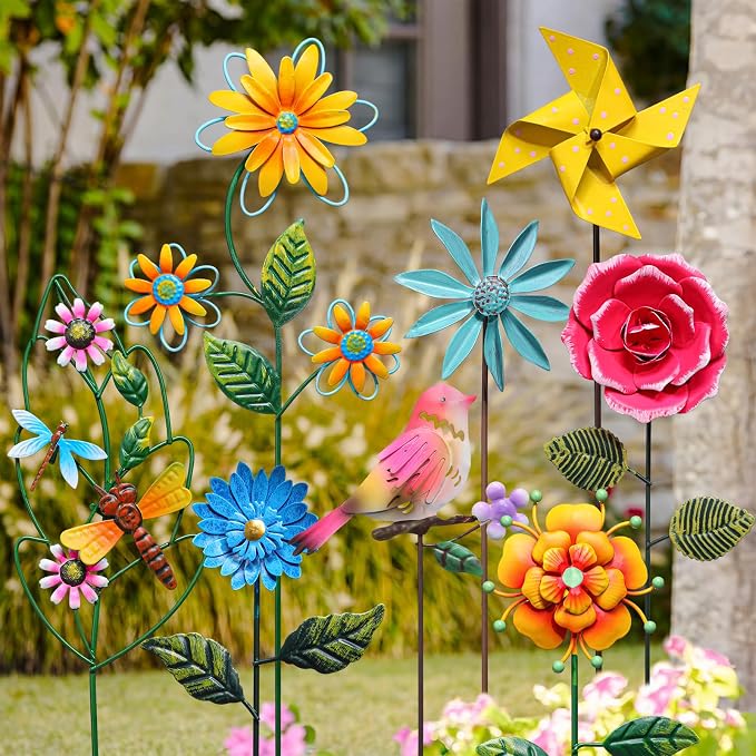 8 Pcs Metal Flower Yard Art for Outside Outdoor 14" 5d Summer Wildflowers Metal Sign Waterproof Garden Stakes Bird Dragonfly Windmill Landscape Decoration for Lawn Yard Garden Patio Porch