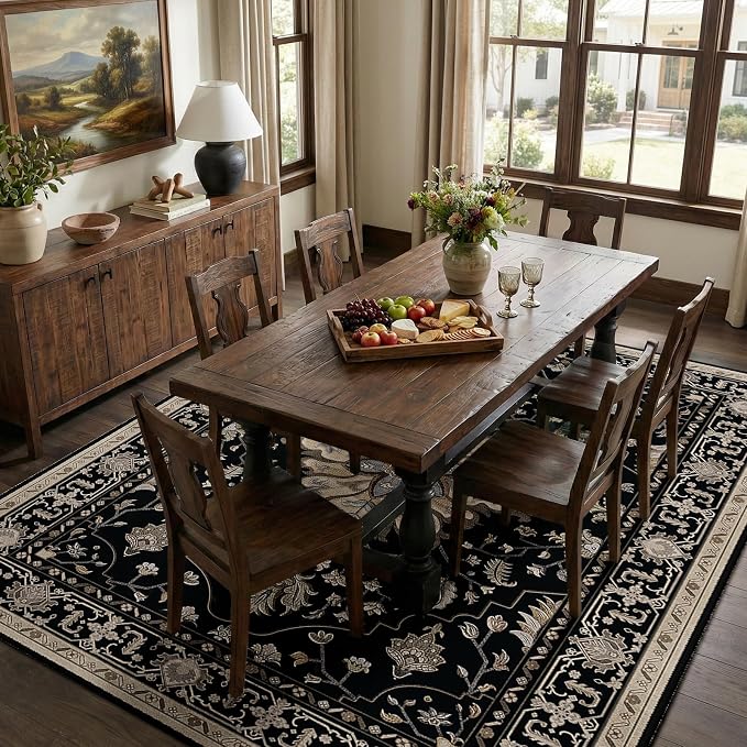 RELEANY Washable Area Rug, Large 10'x12', Black/Neutral | Non-Slip, Water Repellent, Pet Friendly, Easy to Clean, Vintage Floral Boho Decor for Living Room Bedroom Dining Room