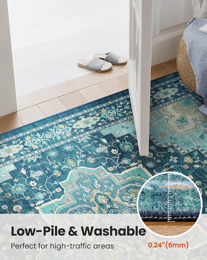 AMADA HOMEFURNISHING 2x3 Washable Entry Rug, Vintage Distress Print Pattern Carpet Small Rugs for Entryway Kitchen Bathroom Door Mat Indoor Entrance, Teal Blue