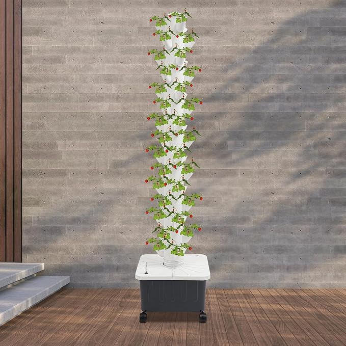 15-Tier Hydroponic Growing Tower Kit, 45 Holes Indoor Vertical Garden System with Water Pump & Wheels, 30L Tank for Lettuce Herbs Strawberries, Hydroponics System for Balcony Gardening, DIY Home Farm
