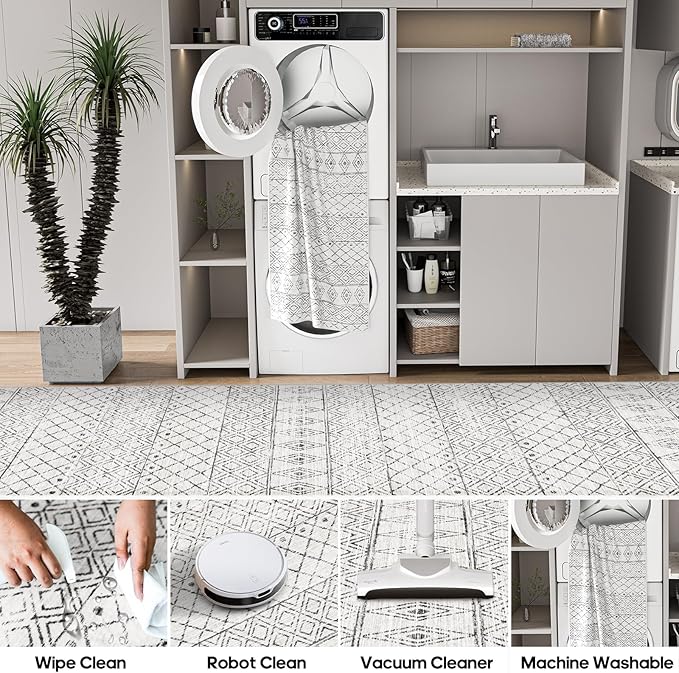 2x4 Runner Rug for Hallway: Washable Non Slip Moroccan Kitchen Rugs Grey | Soft Stain Resistant Easy Clean Entryway Bedroom Mat for Family with Pets