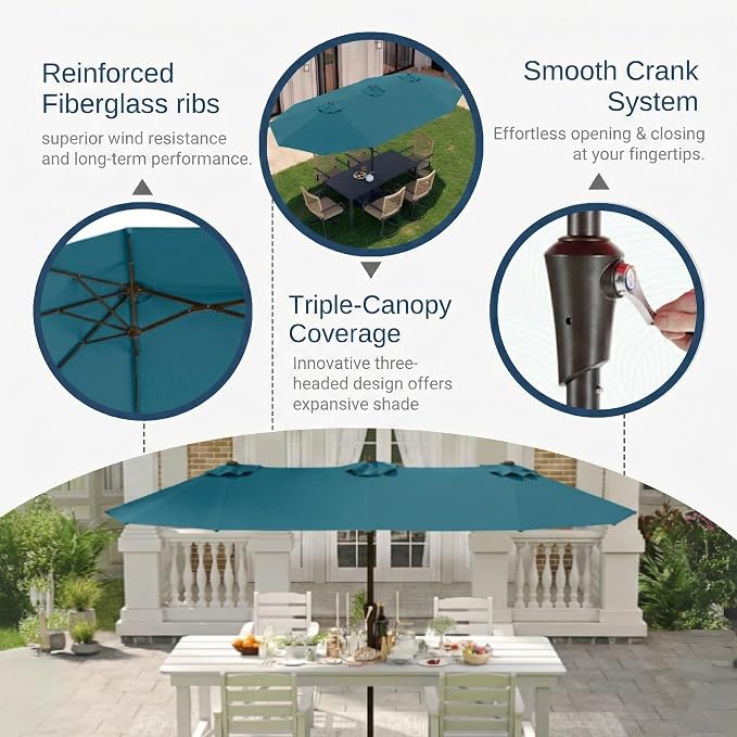 15FT Large Patio Umbrella with Base Included, Double Sided Outdoor Market Umbrella with Flexible Fiberglass Ribs, UV-Blocking Extra Large Umbrella for Garden, Pool, Deck, Lake Blue