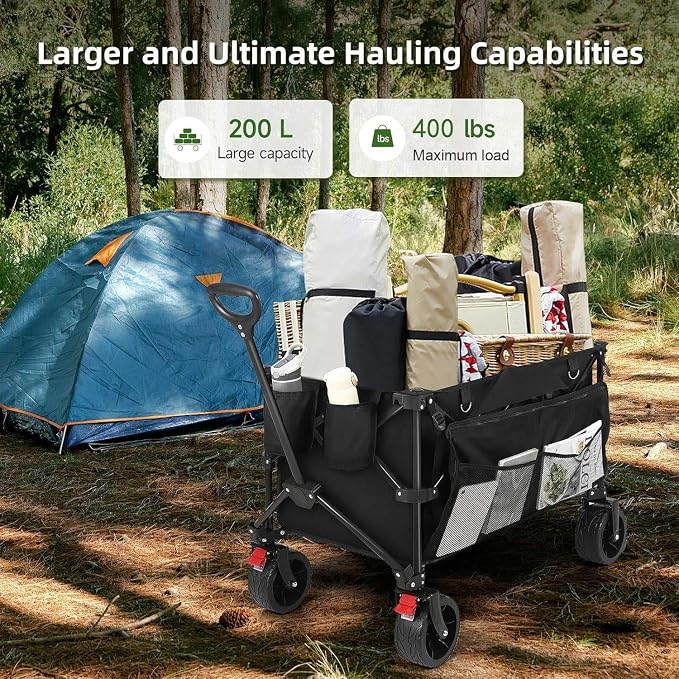 HAUSPROFI Collapsible Wagon Cart, 400 lbs Capacity, 7 cu ft (200L) Large Storage, Heavy Duty Foldable Utility Wagon with Pockets, Beach Wagon with Big Wheels for Sand, Garden, Camping & Grocery