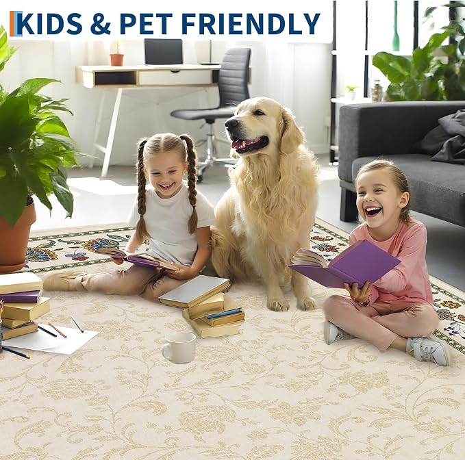 Garvee 8x10 Vintage Floral Washable Rugs for Living Room Bedroom Rug | Beige Boho Border Area Rug Stain Resistant Easy Cleaning Throw Rugs Low Pile Floor Cover for Nursery Dining Room Apartment