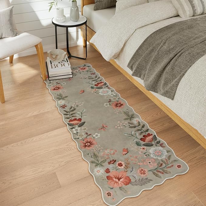 Lahome Floral Kitchen Runner, 2X6 Washable Hallway Runner Rug Non-Slip | Scalloped Ultra-Thin Soft Hallway Rug Stain Resistant Boho Carpet for Bedroom Laundry Bathroom Flore, Brown