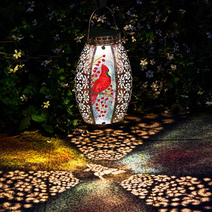 Solar Lanterns Outdoor Hanging Cardinal Garden Decor Light Decorative Waterproof for Women Mom Mothers Grandma Grandparents Birthday Gift