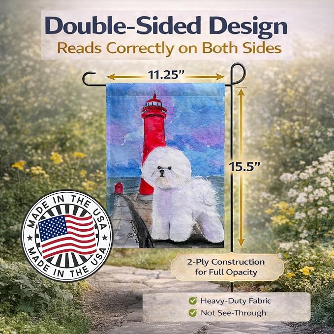 Caroline's Treasures SS8891GF Lighthouse with Bichon Frise Garden Flag Mailbox Flag Decorative Yard Flag Banner Outside Patio Artwork Yard Flower Beds, Garden Size, Multicolor