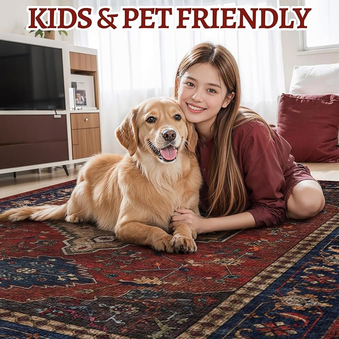 Tangsoo Red 2.6x10 Washable Hallway Runner Rug, Boho Non Slip Runner Rug | Oriental Soft Low Pile Long Rug 10ft Runner,Vintage Carpet Runners for Hallway Kitchen Bedroom Entryway Living Room Red Beige