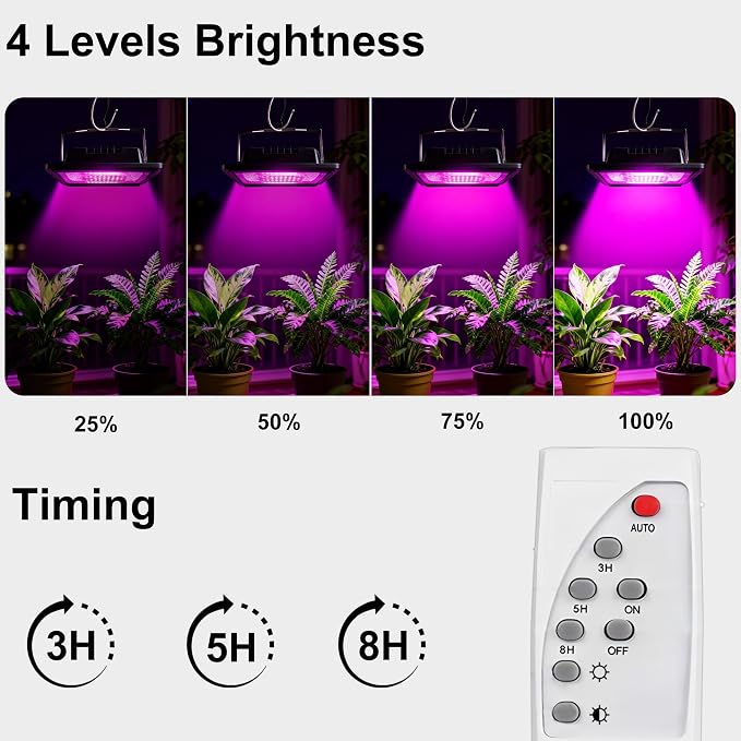 2-Pack Solar Grow Lights, Rechargeable Grow Light, Full Spectrum Plant Light for Indoor Outdoor Plants with Timer, Solar Plant Lights for Greenhouse with Remote Control and 16.4ft Cord/USB Charging