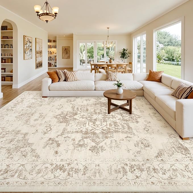 10x14 Area Rugs Living Room: Bedroom Washable Carpet Beige/Ivory | Large Vintage Boho Indoor Decor Neutral Soft Nursery Farmhouse Dining Room Office Floor Non-Slip Low Pile Under Table Rug