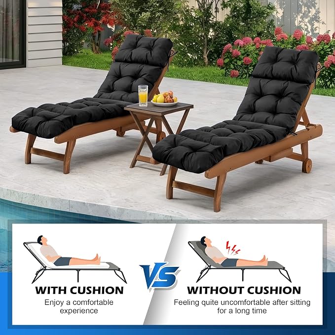 Chaise Lounge Cushions Outdoor, Waterproof & Fade Resistant Patio Lounge Chair Cushions for Outdoor Furniture, Chaise Cushion with Ties for Patio, Pool, Lawn and Beach, 75.1x22.8x4.7 Inch, Black