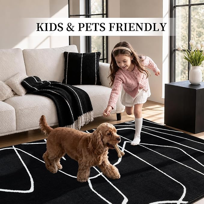 2x6 Washable Modern Black White Kitchen Runner Rug | Ultra-Thin Low Pile, Non-Slip TPE Backing, Soft Stain Resistant, Machine Washable, for Bedroom Livingroom High Traffic