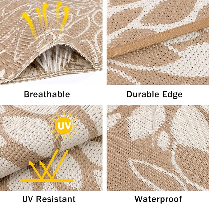 Ileading Waterproof Outdoor Rug 8x10, Reversible Plastic Straw Patio Rug, Portable Indoor Outdoor RV Camping Mat Carpet for Deck, Porch, Balcony, Backyard, Picnic, Floral Brown