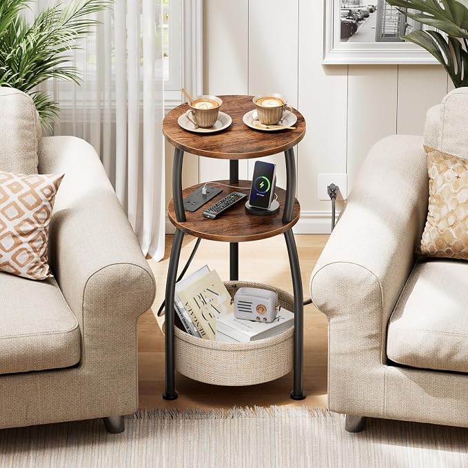 Side Table with Charging Station, Small Round End Table with Basket, USB and Type C Port, 3 Tiers Sofa Couch Table for Living Room Bedroom, Small Spaces, 11.81in Rustic Brown