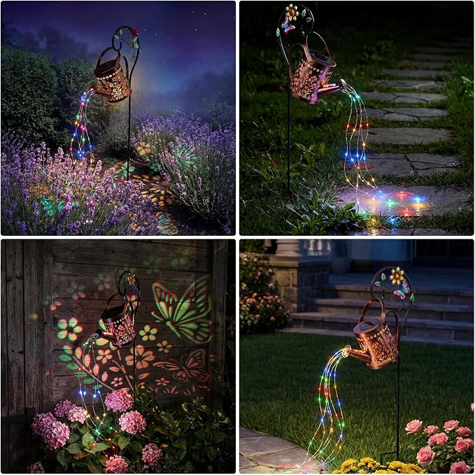 MEBRUDY Solar Garden Decor Lights, IP44 Waterproof Metal Butterfly Solar Watering Can Lights Outdoor Decor for Yard Pathway Patio Lawn, Gifts for Women Mom Grandma Birthday