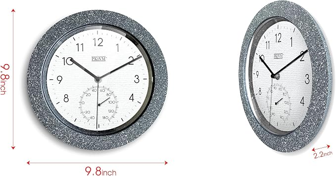 Kmok 9.8" Faux Concrete Wall Clock with Thermometer | Battery Operated, Indoor Use, Silent Sweep, Concrete Grey