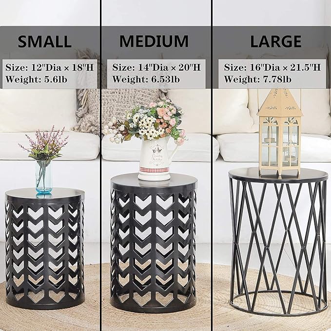 Y&M Outdoor Side Tables Set of 3, Round Metal Nesting Patio End Tables, Heavy Duty Stacking Accent Tables for Patio, Balcony, Garden, Porch, Indoor & Outdoor, Black