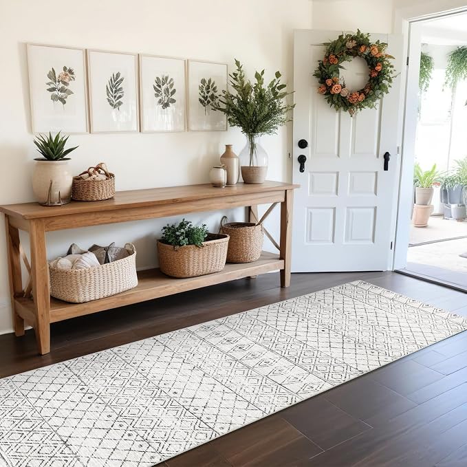 Hallway Runner Rug Washable 2'6"x8': Moroccan Non Slip Rugs Geometric Grey | Soft Indoor Floor Carpet Low Pile Mat with Rubber Backing for Living Room Kitchen Bedroom