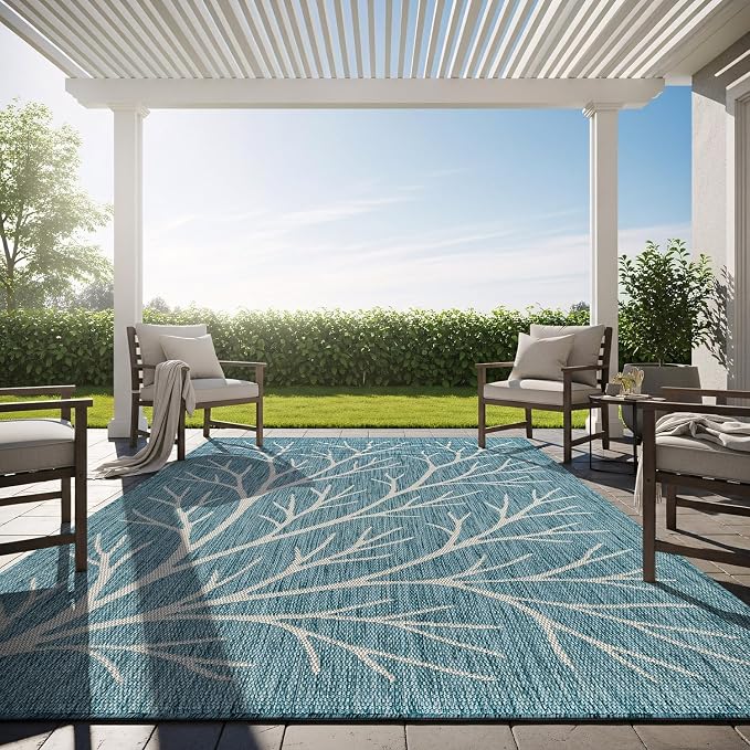 Washable Indoor Outdoor Rug 9x12 Modern Area Rugs Branch Pattern Non Shedding Waterproof Easy Clean Patio Deck Porch Living Room Bedroom Garden RV (9 X 12 Aqua)