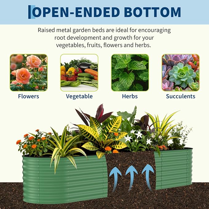 Garvee 8x2x1.5ft Galvanized Raised Garden Bed, Oval Metal Planter Box with Anti-Cut Safety Edges, 179 Gallons Rust-Resistant Deep Root Planter for Outdoor Vegetables, Flowers, Herbs, Green