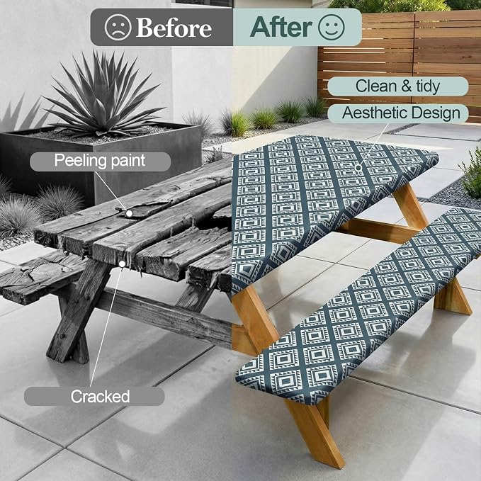 Play Tailor Picnic Table Cover with Bench Covers Camping Essentials Waterproof Windproof Camping Tablecloth with Drawstring Bag, Fitted Rectangle Tables and Seats, 72in, Blue Green Plaid