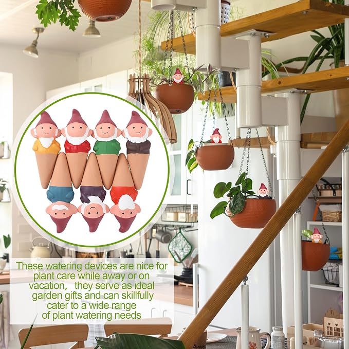 Teenyyou 7 Pack Gnome Terracotta Plant Watering Spikes - Easy Top Fill Self Waterer Insert - Cute Vacation Automatic Stakes for Indoor Outdoor Houseplants