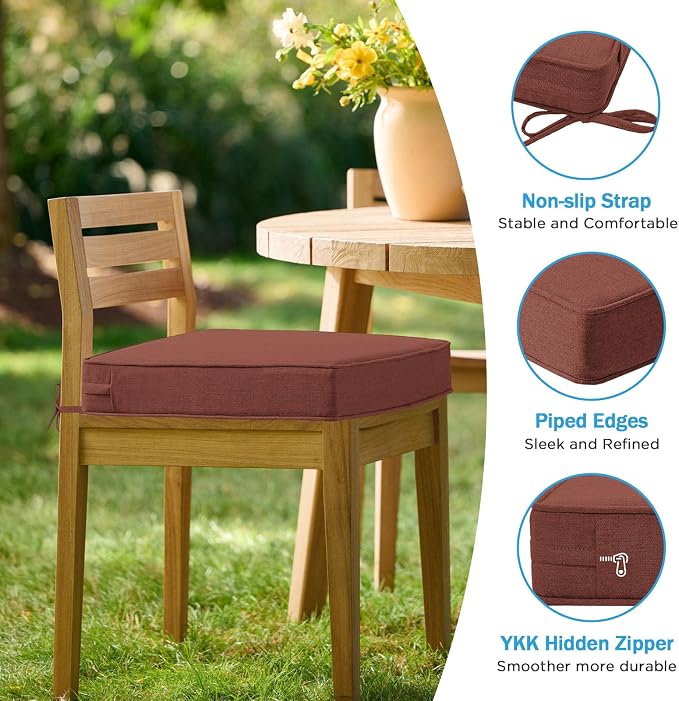 18.5 x 16 Inch Sunbrella Outdoor Chair Cushions with Tie Straps, Set of 4 Thick Water Repellent Rectangle Patio Chair Pads for Garden Lawn Patio Furniture, Canvas Henna