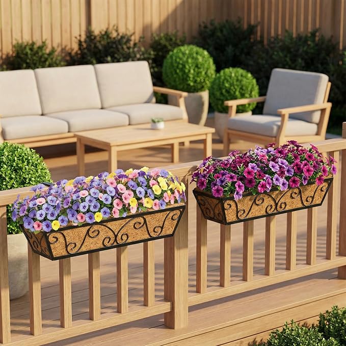 24 Inch Railing Planter Box 4 Pack, Adjustable Window Metal Box Planter with Coco Liner, Hanging Flower Planter for Balcony Deck Fence Porch Patio, Black