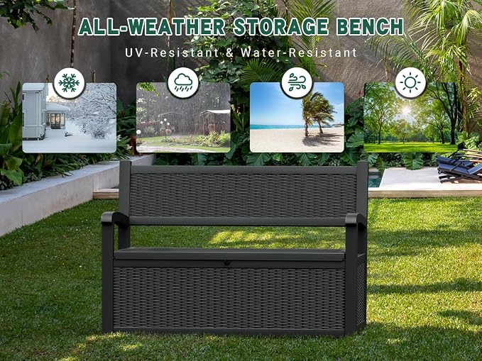 80 Gallon Outdoor Storage Bench, Resin Patio Storage Bench with Armrest, Lockable Deck Boxes Outdoor Waterproof and UV Resistant for Cushions, Garden Tools and Pool Supplies, Matte Black