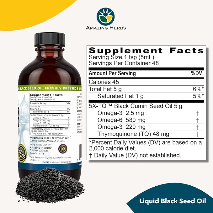 Amazing Herbs Premium Black Seed Oil - Gluten Free, Non GMO, Cold Pressed Nigella Sativa Aids in Digestive Health, Immune Support, Brain Function - 8 Fl Oz
