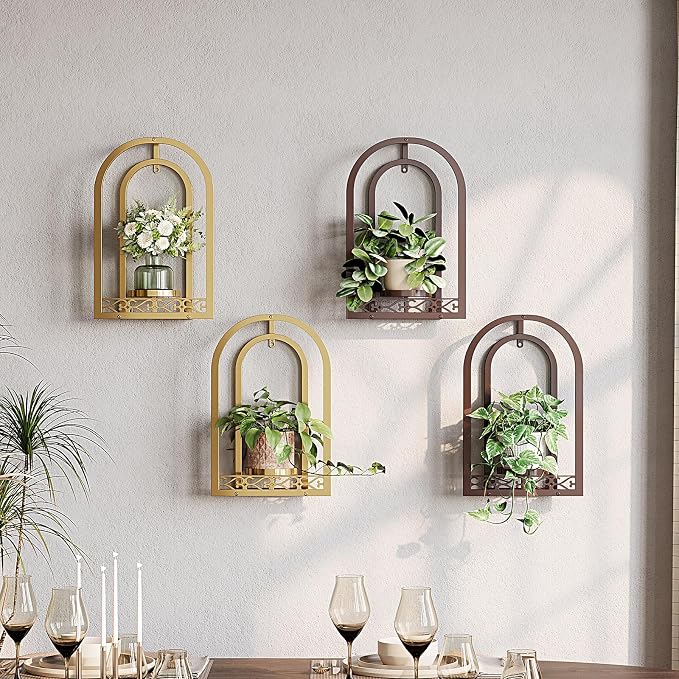 Hanging Planter for Indoor & Outdoor Plants, Mid Century Modern Iron Frame Wall Decor for Living Room Garden Patio 3 Pack Coffee（No Light）