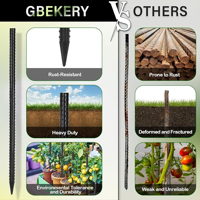 Gbekery 16 Inches Rebar Stakes(24pcs) Heavy Duty Straight Metal Ground Anchors with Chisel Point Ends for Timber,Concrete,Plant Support,Camping Tents,3/8 Inch Thickness Garden Stakes,Black
