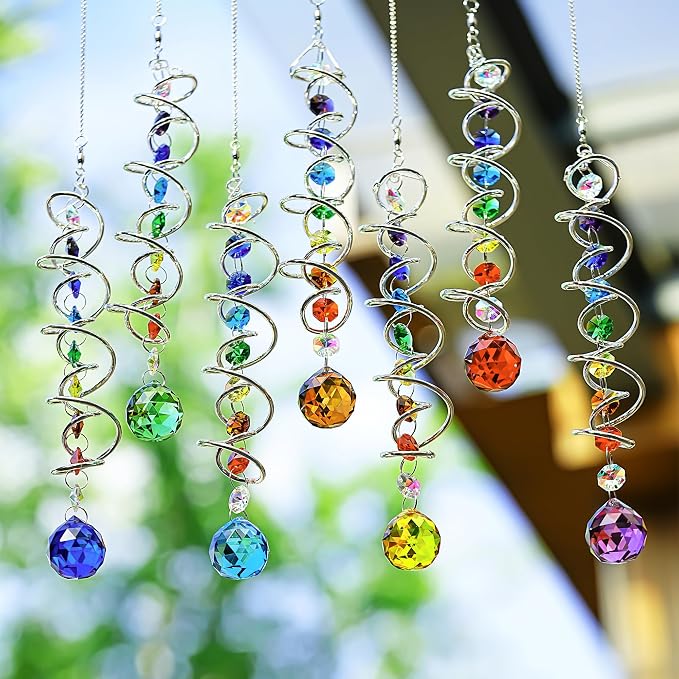 7 Pcs Crystal Gazing Ball Spiral Wind Spinner Suncatcher Garden Decor | Crystal Suncatcher Wind Spinner with Spiral Tail Gazing Ball Swivel Hook Hanging for Indoor Outdoor Yard Garden Home Decor
