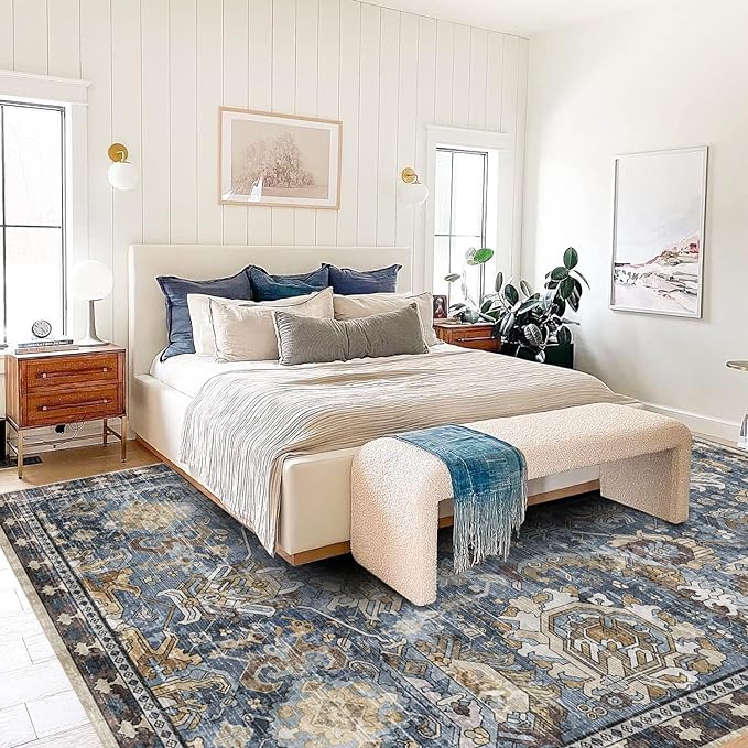 Washable Area Rugs - Perfect for Living Room, Bedroom, Kids Room, Nursery - Stain & Water Resistant Non-Slip, Pet & Child Friendly, Vintage Tribal Area Rugs (Navy, 4' x 6')