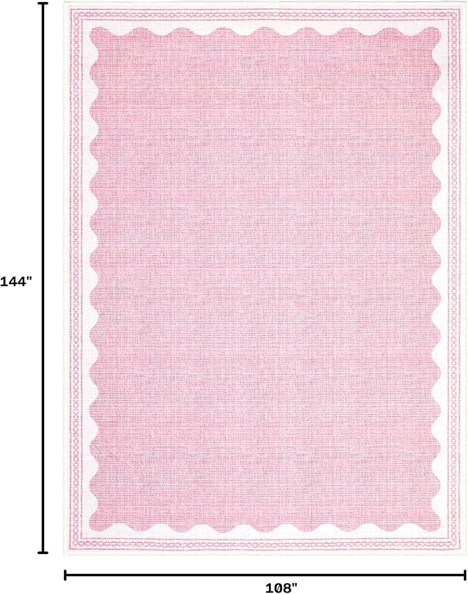 GarveeHome Scalloped Washable Rugs 9x12 Rug for Living Room Non-Slip Solid Pink Modern Minimalism 9 x 12 Rug Low-Pile Carpet for Bedroom Dining Nursery Mat with Rubber Back