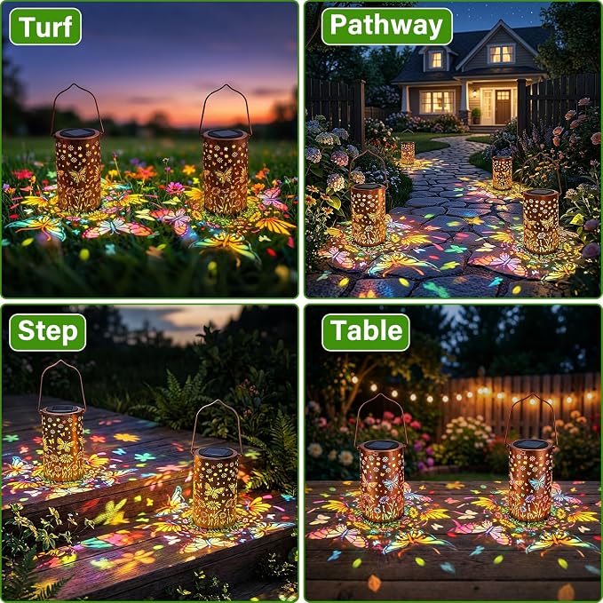 2Pack Colorful Butterfly Solar Lanterns Outdoor Decor, Garden Decor Gifts for Women Mom Sister Grandma, LED Hanging Solar Lantern Lights Outside for Table Yard Lawn Garden Path Porch