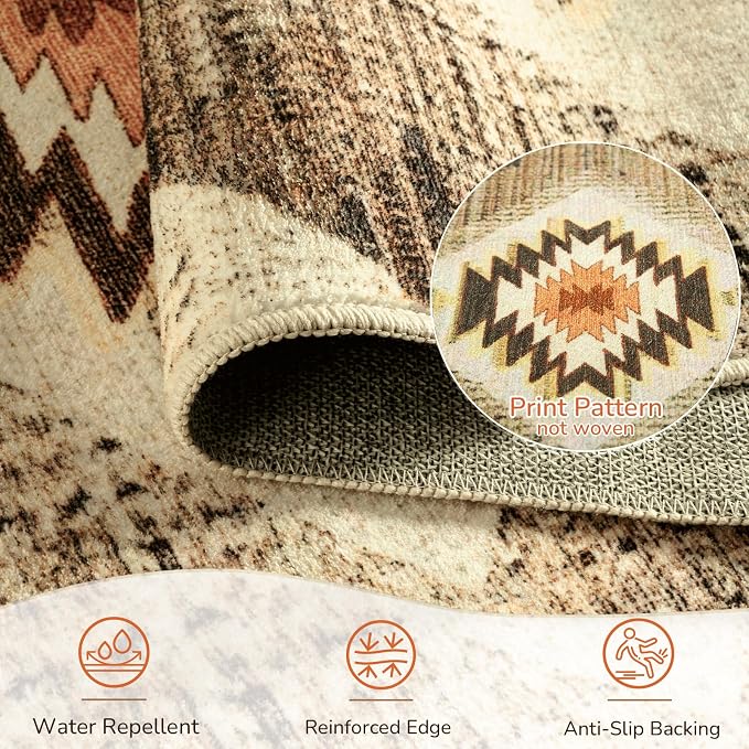 4'x6' Washable Area Rug for Living Room Bedroom Cream/Camel | Soft Western No Slip Low Pile Print Foldable Indoor for Kitchen Dining Room