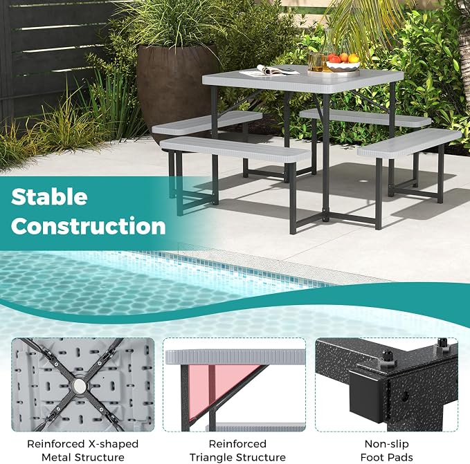 Giantex Picnic Table Bench Set for 4-8 People, 34" Outdoor Square Dining Table & 2 Benches w/Umbrella Hole, HDPE Tabletop, Metal Frame, Patio Camping Furniture for Backyard Porch Lawn (Grey,Square)