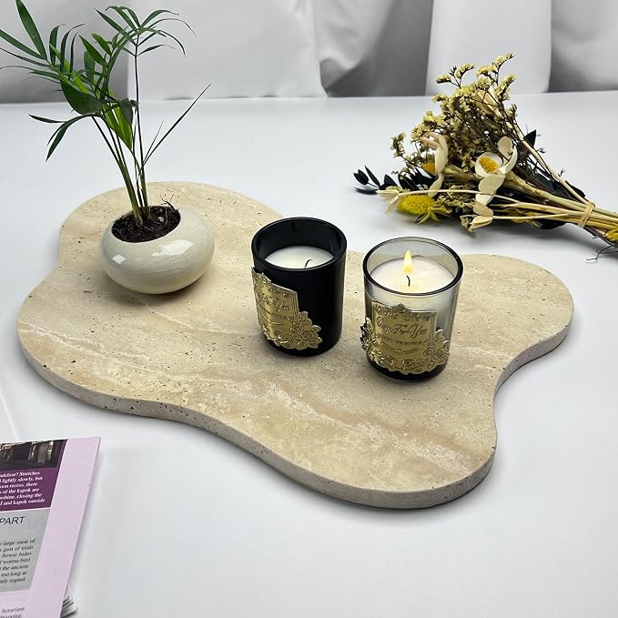 Cloud Shaped Travertine Vanity Tray, 13.3 x 8.3 Inch Natural Stone Decorative Catchall Tray for Bathroom Countertop, Beige Marble Jewelry Dish Perfume Tray for Coffee Table Dresser Nightstand